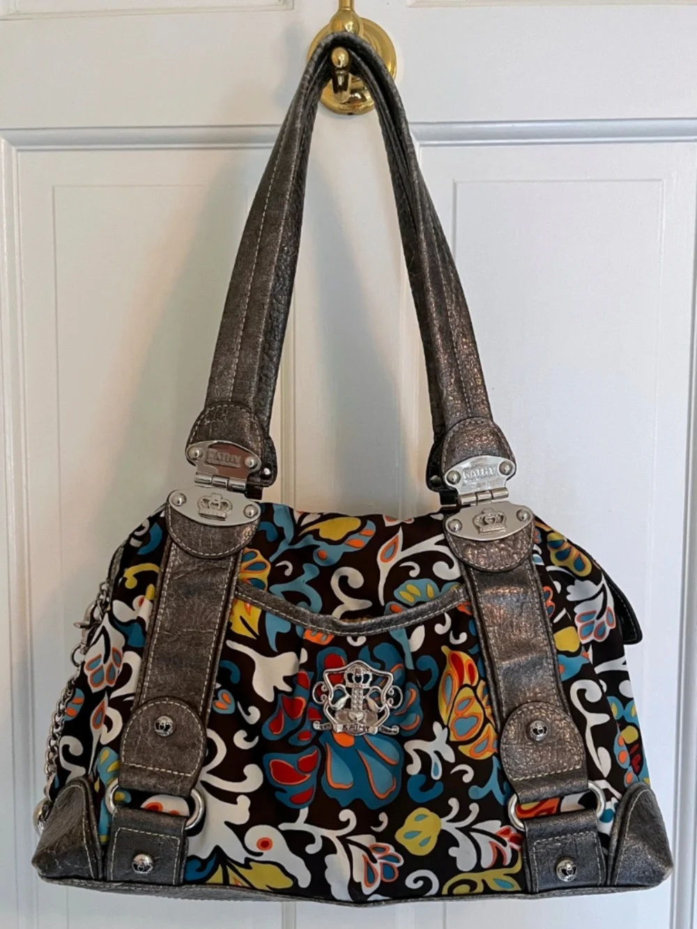 Vintage Boho Kathy Van Zeeland Floral Crown Satchel Purse Charm Bag